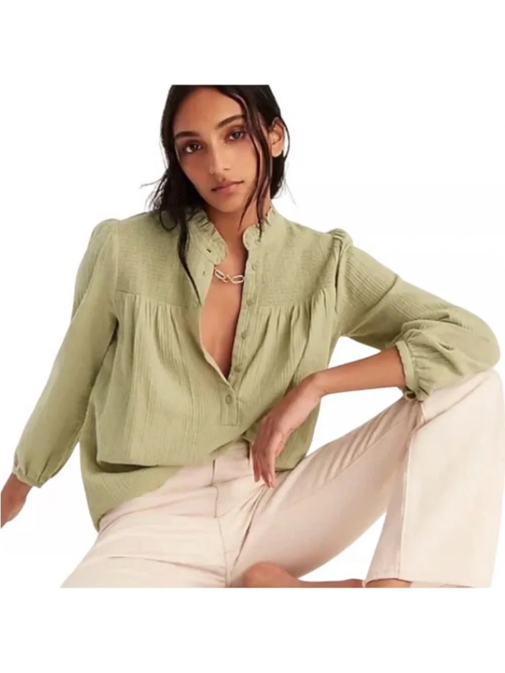 J. Crew Long-Sleeve Soft Gauze Garden Top in Faded Pistachio Green 100% Cotton